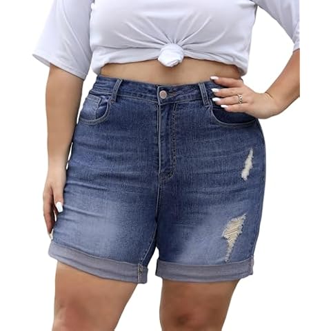 LALAGEN Women Plus Size Jean Shorts Stretchy High Waisted Distressed Ripped Denim Shorts Trendy Summer Casual Jorts Blue 3XL Cover