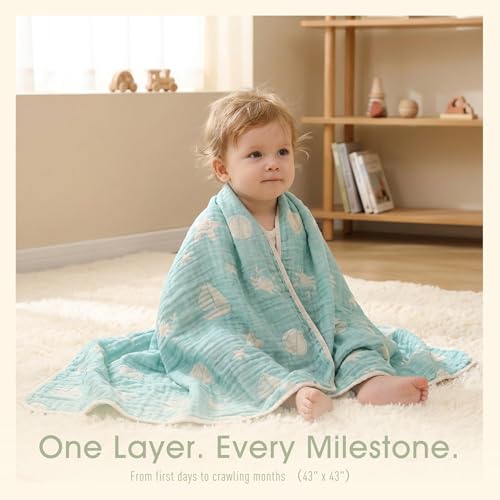 Image of 6-Layer Muslin Baby Blanket Made with Organic Cotton - Serene Ocean Life & Sea Wonders Theme,Swaddle & Crib Quilt, 43 inch x 43 inch,Green Ocean