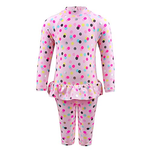 Julysand Toddler Girls Pink One Piece Swimsuit Colored Dots Swimwear Long Sleeve Bathing Suit with Zipper