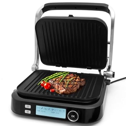 KLAMER Kontaktgrill, 7 Automatikprogramme, abnehmbare Platten, Antihaftbeschichtung, 2100W starker Plattengriller mit Cool-Touch-Griff, Schwarz & Edelstahl