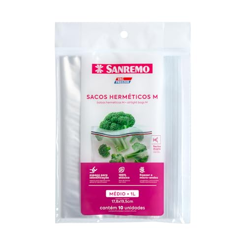 Sanremo - Saco Plástico Hermético Cristal com Fecho Duplo de 1000ml, Linha Vac Freezer