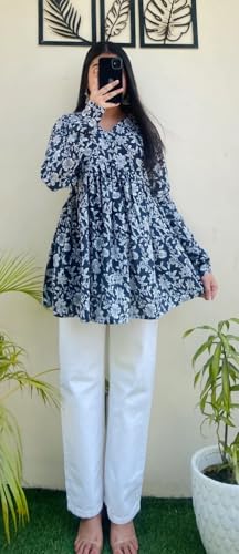 Image of Women's Rayon Floral Printed A-Line Tunic Top | Stylish Casual Wear | V-Neck Long Sleeve Kurti Top