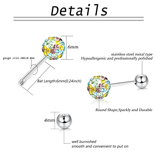 Florideco 10 Pairs 20G Stainless Steel Multicolor Crystal Ball Cartilage Stud Earrings Set For Women Girls Sensitive Ears With Screw On Backs 4/6/8Mm #TOP1