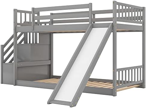 SOFTSEA Twin Over Twin Bunk Bed with Stairs and Slide, Solid Wood Low Bunk Bed with Storage Space for Kids Teens(Grey)