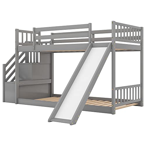Softsea Twin Over Twin Bunk Bed With Stairs And Slide, Solid Wood Low Bunk Bed With Storage Space For Kids Teens(Grey) #TOP2
