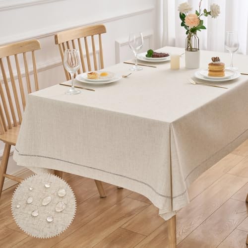 Zdolmy Natural Flax Linen Handmade Hemstitch Tablecloth 55" x 55"– Undyed Square Table Cover for Kitchen, Dining & Decoration, Ideal for Father's Day, Elegant Stitching