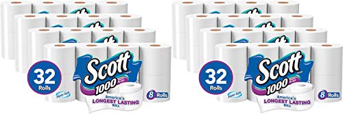 Scott 1000 Sheets per Roll, 4 Packs of 8 Rolls (32 Rolls Total), Septic Safe Bath Tissue Pack of 2