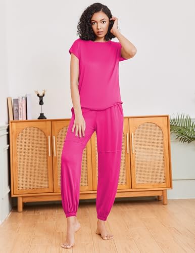 Image of Ekouaer Pajamas for women 2 Piece Lounge Set Cap Sleeve Sleepwear Joggers Pants Pjs with Pockets S-XXL