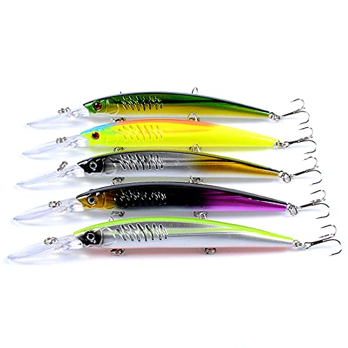 5Pcs Artificial Suspending Minnow Lures Pack, as Bionic Hard Crankbaits Jerkbaits for Bass Redfish Trout Walleye Salmon Trout in Freshwater Saltwater 11