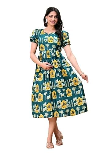Women's Printed Rayon Anarkali Maternity Feeding Dress with Side Zippers, Flower Print