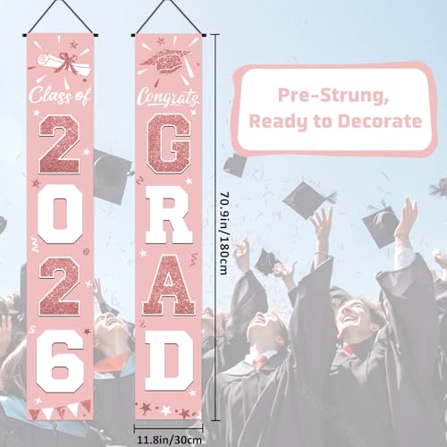 Image of Graduation Decorations 2026, Pink Rose Gold Door Porch Signs, Graduation Banner Class of 2026, Congrats Grad Banner for Door and Porch Graduation Party Supplies