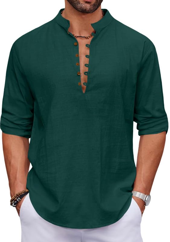 Image of Macsivo Men's Stylish Mandarin Collar Kurta | Casual Ethnic Fusion Shirt for Daily, Party & Travel | Full Sleeves | Cotton Blend Comfort Fit Short Kurta