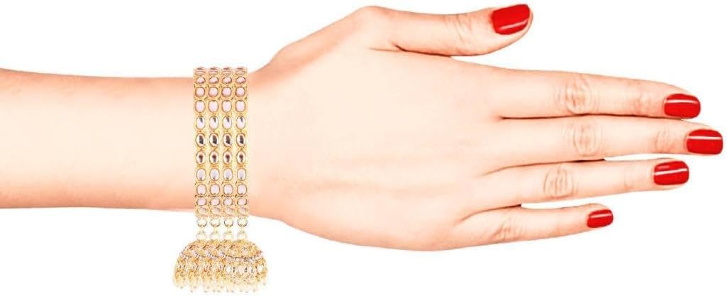 Efulgenz Indian Bangles for Women Bollywood Wedding Party Bracelet Bangles Kundan Crystal Faux Pearl Jhumka Tassel Bracelet Bangle Set Fashion Jewelry for Women (4 Pcs) - Image 4