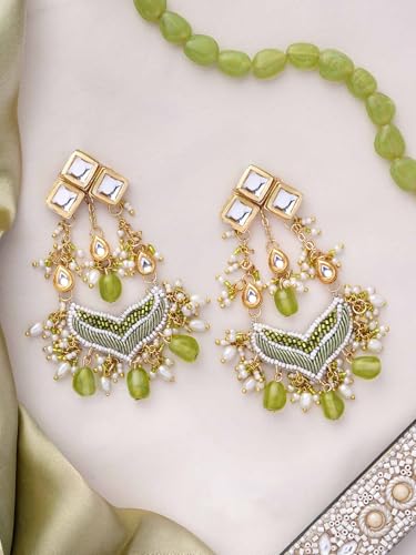 Image of SANJOYA by EVERSTYLISH Kundan Earrings for Women | Polki & Green Beaded Statement Dangler Earrings | Ethnic Jewelry for Weddings, Festivals & Special Occasions