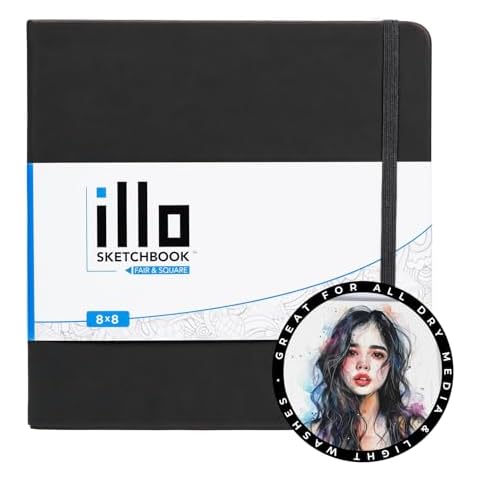illo Sketchbook 8’’ x 8’’ Square Hardcover Sketch Book, (112lb/180gsm) Heavyweight Paper, Ribbon Marker, Back Pocket, Lays Flat, Minimal Bleed, Vegan, for Artists & Beginners Cover
