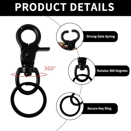 Hevysuo 6Pcs Swivel Clasps Lanyard Snap Hooks 60mm & 6Pcs Key Ring,Zinc Alloy Lobster Clasps for Linking Pet Collar Bag Strap Keys Organization,Black - Image 3
