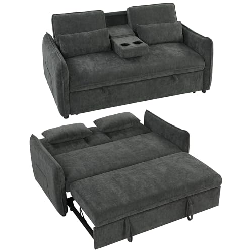 HOMCOM Sofá Cama 2 Plazas 3 en 1, Sofá Cama de Chenilla con Mesa Auxiliar, Portavasos, Respaldo Ajustable, Bolsillos Laterales, 2 Almohadas para Sala de Estar, Espacios Pequeños, Gris Oscuro