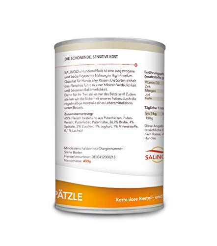 SALiNGO Hundefutter nass, Pute mit Joghurt und Spätzle (6x400g)