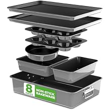 NutriChef 8-Piece Nonstick Stackable Bakeware Set - PFOA, PFOS, PTFE Free Baking Pans Set w/Non-Stick Coating, 450F Oven Safe, Round Cake, Loaf, Muffin, Wide/Square Pans, Cookie Sheet Gray