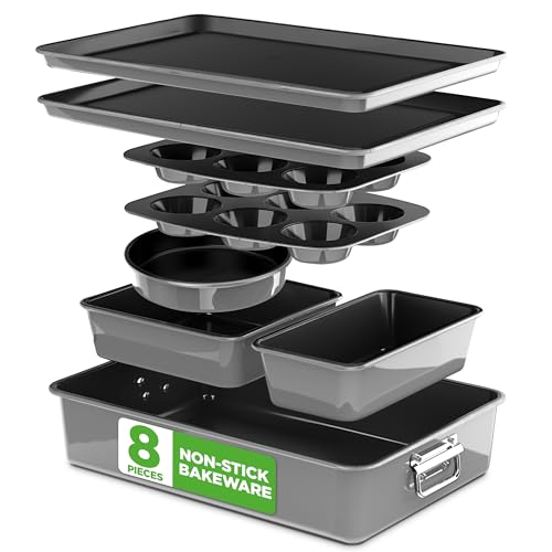 NutriChef Set Padelle Antiaderenti 8 Pezzi, Teglie da Forno Antiaderenti, Teglia Rotonda, Plumcake, Muffin, Teglie Rettangolari/Quadrate, Teglia Biscotti, Grigio