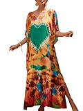 Chunoy Women Heart Shape Kaftan V Neck Casual Bathing Suit Kimono Sleeve Side Split Beach Cover Up Caftan Dress