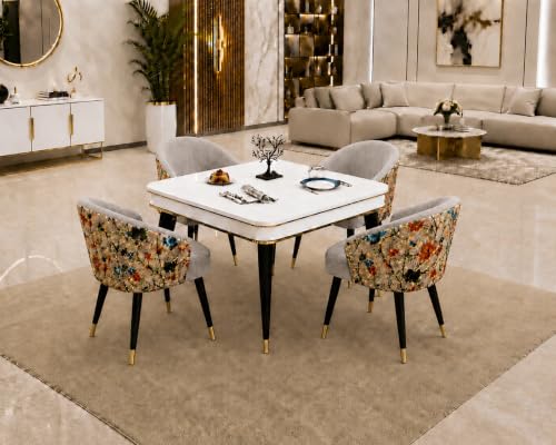 Image of WOODEN SPACE 4 Seater Wooden Dining Table Set | Urban Marble Top Dining Table with Chairs for Dining Room & Kitchen (Modern Classic Printed Light Grey) (42 x 42 x 30 inch)