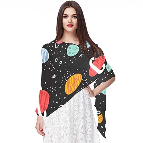 Foulard mousseline de soie femme motif monstre fusée alien multicolore 16