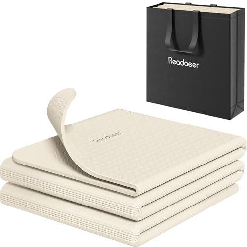 READAEER Foldable Yoga Mat for Travel Folding Yoga Mat 6mm Thick with Carrying Bag, Non-Slip TPE Exercise Pilates Mat for 72' L x 24' W x 0.24 Inch (Beige)