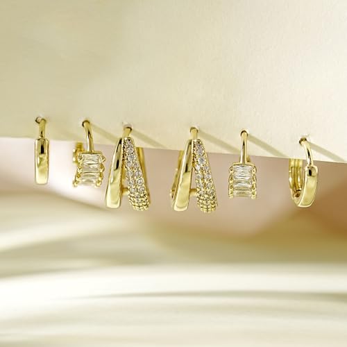 Image of 4Pairs Statement Gold Hoop Earrings for Women Trendy,Surgical Steel Gold Plated Hoop Hypoallergenic Earrings Set,Titanium Hoops Earring Stacks,CZ Cartilage Huggie Hoops Earring Gifts for Girlfriend