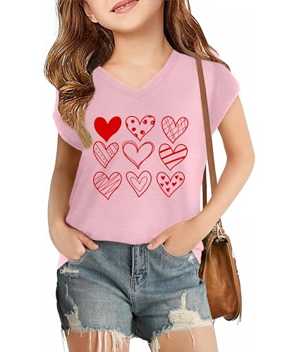 Image of LAZYCHILD Kids Valentine Shirt Girls Valentines Day Shirts Heart Graphic Long Sleeve Striped Tee Tops 5-14 Years
