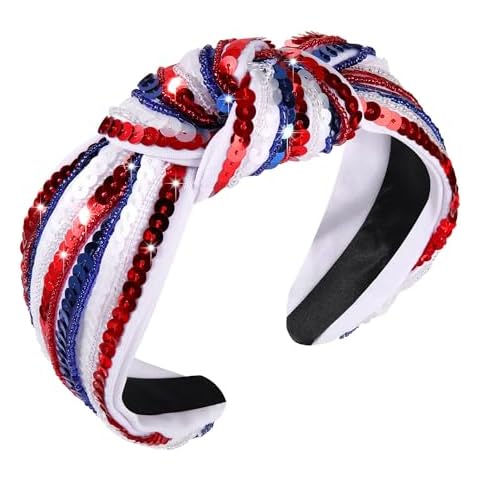 4 th of July Headband for Women Girls Fourth of July Knotted Headband Red White and Blue Sequin Beaded Patriotic Hairband American Flag USA Independence Day Head Band Hair Accessories Gifts Cover