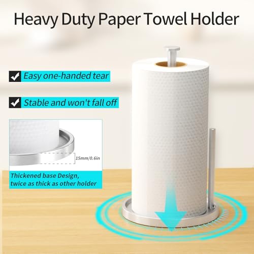 Paper Towel Holder Countertop, Standing Paper Roll Holder with Anti Slip Weighted Base, Stainless Steel Freestanding Paper Towel Holder for Kitchen, Silver - Image 3