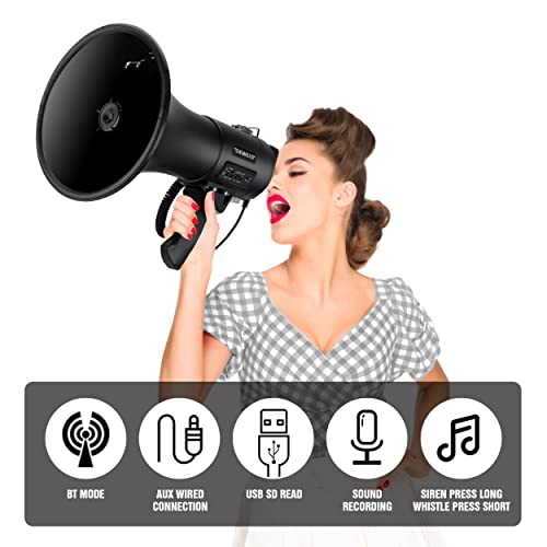 Mgrolx Bluetooth Megaphone Bullhorn, 50Watt Loud Speaker W/Rechargeable Battery, Built-In Siren And 260S Recording, Usb/Sd/Aux Input-For Outdoor, Police, Cheerleading(Matte Black) #TOP2