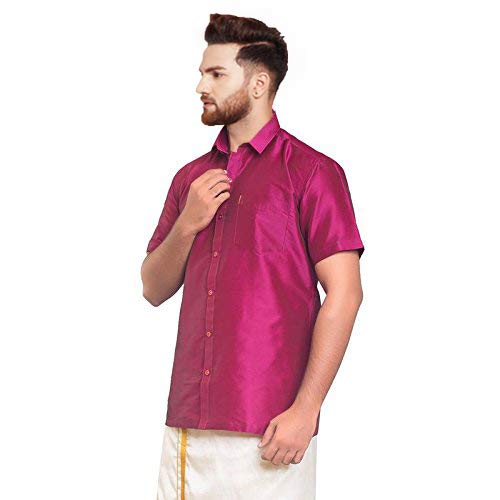 Image of SJS-Men's Half Sleeve Solid Art Silk Shirt