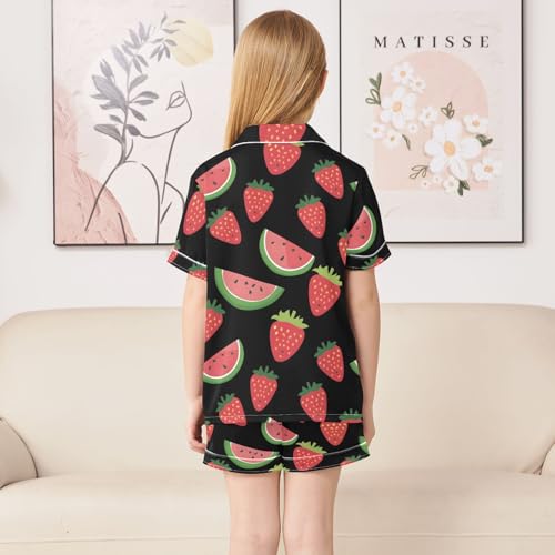 ALAZA Watermelon Strawberry Black Satin Pajamas Set Short Sleeve Button Down Sleepwear Summer Pjs 2 Piece4