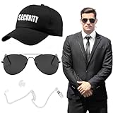 3 Pcs Agent Costume Accessories Set for Men, Secret Security Service Guard Outfit Spy Costume with Black Sunglasses Prop Earpiece Security Hat for Cosplay Game Party Dress Up