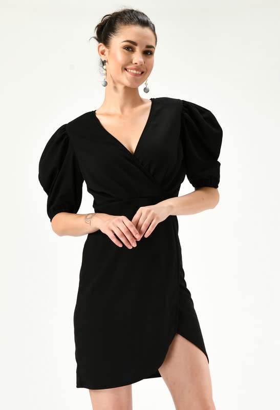 Image of Women's Puff Sleeve V-Neck Bodycon Casual Mini Dress