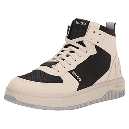 HUGO Tênis masculino de couro grosso de cano alto, Mármore bege/preto meia-noite, 45