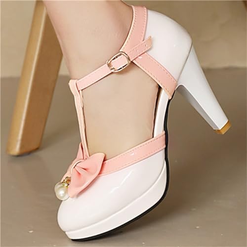 Image of Elbslutt Women's Cute Retro Rockabilly Shoes T Strap Mary Janes Heels Chunky Cosplay Shoes Sweet Block Heeled Bow Pumps