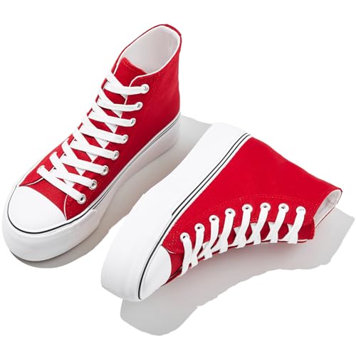 FINIWOR High Top Platform Sneakers for Women,Classic Black and White Canvas Shoes Womens Lace-up High Top Tennis Shoes