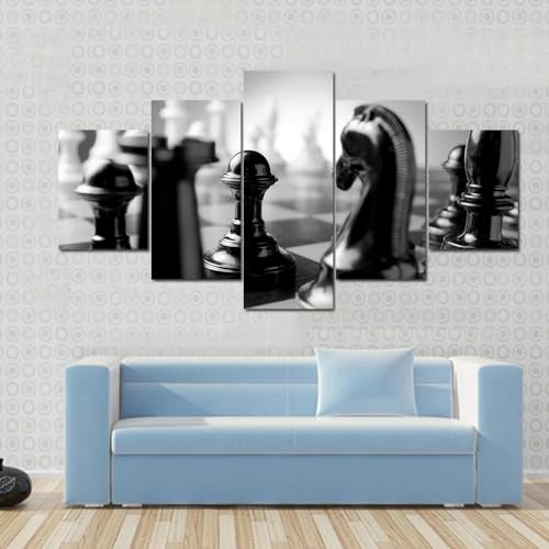 Tableau deco murale 5 parties echiquier avec cadre pour salon