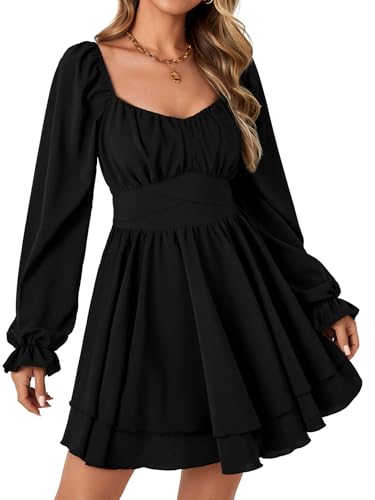 Rooscier Women's Lantern Flounce Long Sleeve Ruffle Layer Tie Mini Short Dress3
