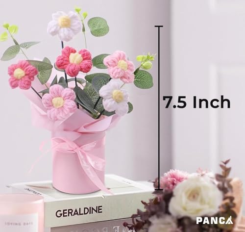 Image of PANCA Handmade Crochet Flower Bouquet (Pink) | Knitted Artificial Flower Arrangement with Vase | Cute Aesthetic Gift for Birthday, Anniversary, Wedding & Home Office Desk Decor
