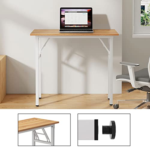 Image of Need Small Computer Desk 31.5 in Folding Home Office Table Teak | White Frame Writing Gaming Work Table /Sturdy Foldable Study Table for Small Space /Dormitory, No Assembly Required