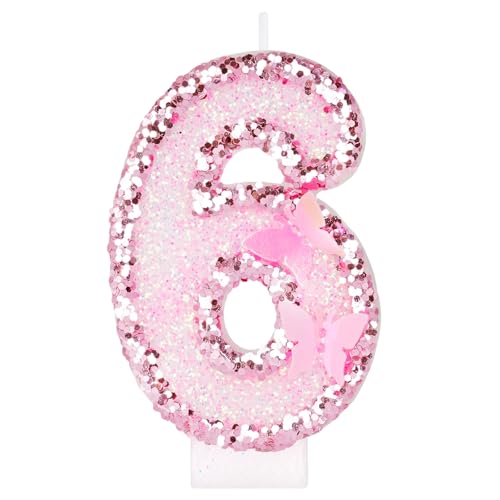 Alaoo Velas Cumpleaños Números 6,3D Mariposas Rosa Vela,Vela de Número 6 de Pastel Decoración,para Aniversarios,Baby Shower de Cumpleaños,Rosa