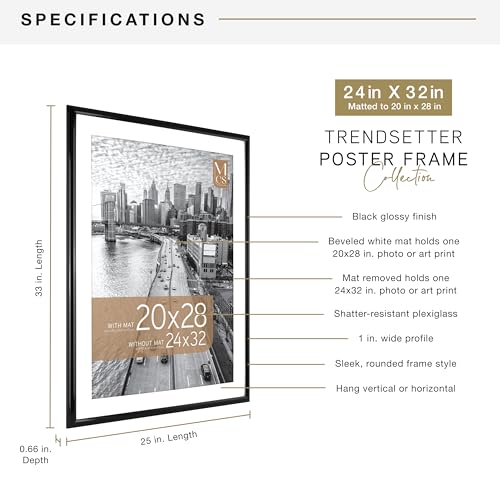 Image of MCS Trendsetter Poster Frame With Mat Option, 24x32 Matted to 20x28, Black | Trendsetter Poster Frame For Photos, 24x32 Inch, Displays 20x28 Inch Matted Or 24x32 Unmatted, Black, 1-Pack