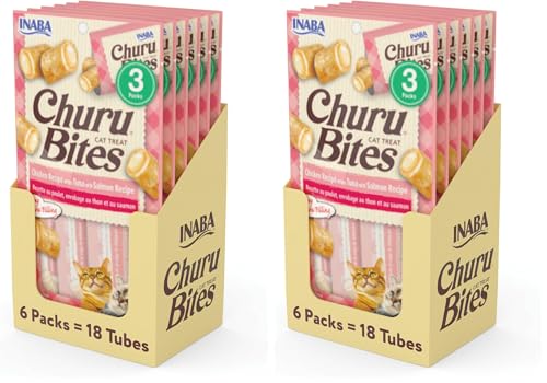 INABA Churu Bites for Cats, Soft Baked Chicken Churu Filled Cat Treats with Green Tea Extract, 0.35 Ounces Each Tube, 18 Tubes Total (3 per Pack), Tuna with Salmon Recipe (Pack of 2) - image 1