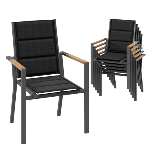 Devoko Gartenstuhl Set 6, Stapelbare Aluminium Esszimmerstühle, Maximale Belastung 160kg, Balkonstühle, Für Garten, Pool, Terrasse, Esszimmer, Gartenmöbel, Dunkelgrau & Holz