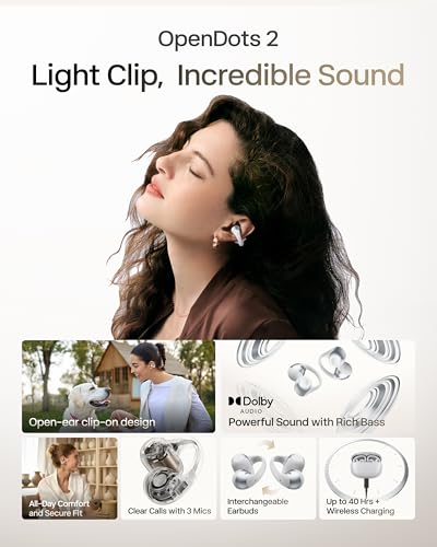 Image of SHOKZ OpenDots 2 Open-Ear Clip-On Earbuds with Upgraded Dolby Audio, 3-Mic Clear Calls, Rich Bass, Up to 40 Hrs of Audio, Wireless Charging, Interchangeable Left /Right Earbuds, IP57, Bluetooth 6.1
