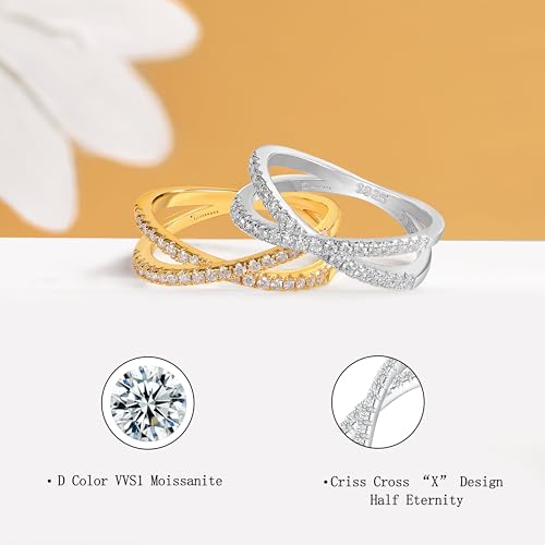 SILVERNANA Criss Cross Wedding Band for Women Sterling Silver with Gold Plated Moissanite X Ring for Her Size 6 — view 2